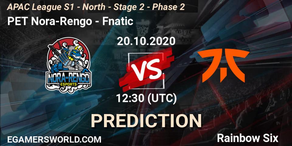 PET Nora-Rengo - Fnatic: ennuste. 20.10.2020 at 12:30, Rainbow Six, APAC League S1 - North - Stage 2 - Phase 2
