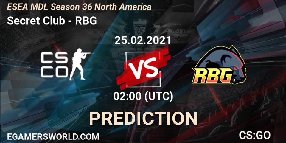 Secret Club - RBG: ennuste. 25.02.2021 at 02:00, Counter-Strike (CS2), MDL ESEA Season 36: North America - Premier Division