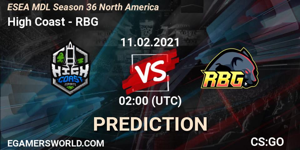 High Coast - RBG: ennuste. 11.02.2021 at 02:00, Counter-Strike (CS2), MDL ESEA Season 36: North America - Premier Division