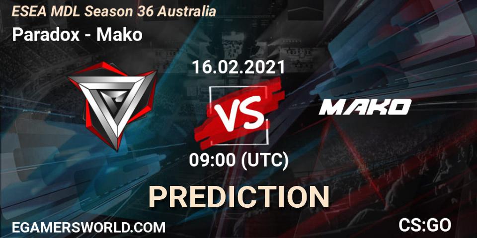 Paradox - Mako: ennuste. 16.02.2021 at 09:00, Counter-Strike (CS2), MDL ESEA Season 36: Australia - Premier Division