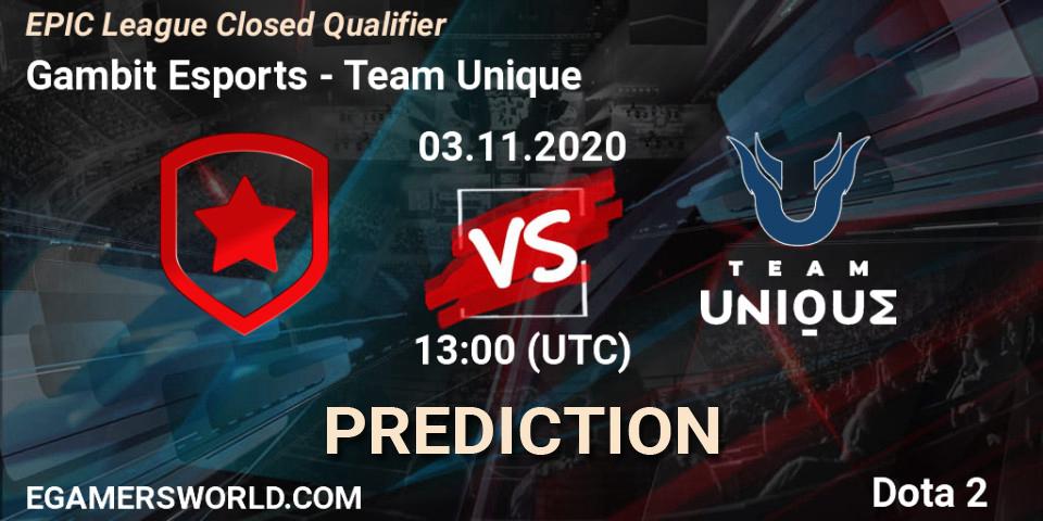 Gambit Esports - Team Unique: ennuste. 03.11.2020 at 15:00, Dota 2, EPIC League Closed Qualifier