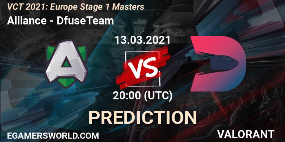Alliance - DfuseTeam: ennuste. 13.03.2021 at 19:00, VALORANT, VCT 2021: Europe Stage 1 Masters