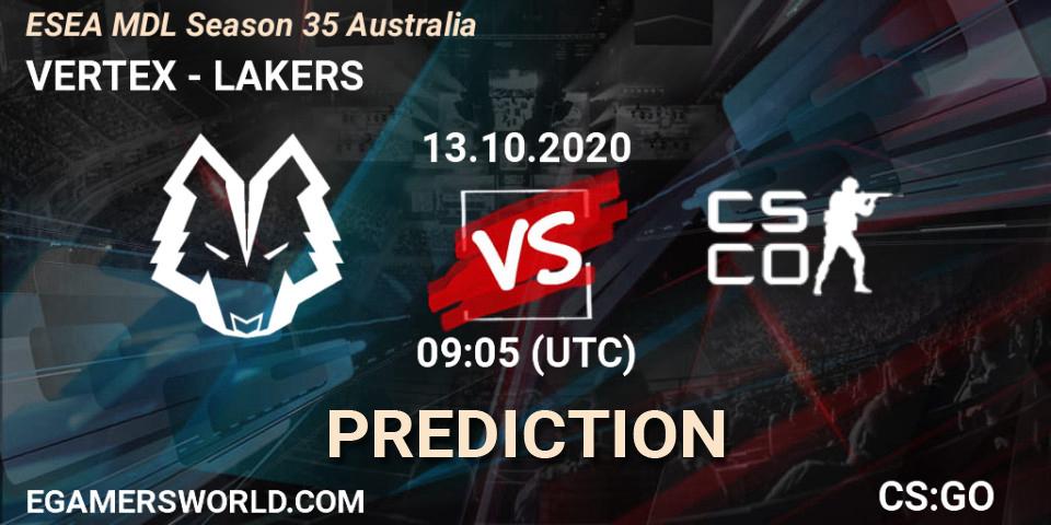 VERTEX - LAKERS: ennuste. 13.10.2020 at 09:05, Counter-Strike (CS2), ESEA MDL Season 35 Australia