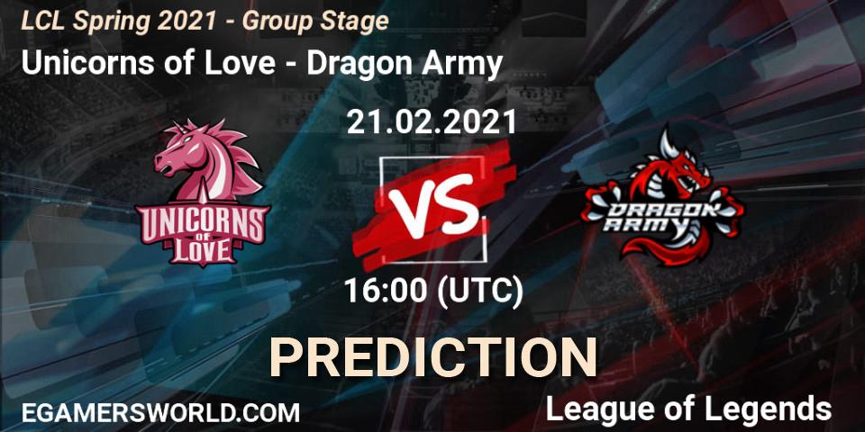 Unicorns of Love - Dragon Army: ennuste. 21.02.2021 at 16:00, LoL, LCL Spring 2021 - Group Stage