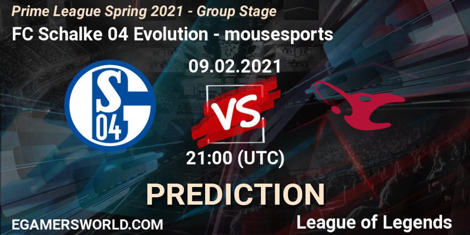 FC Schalke 04 Evolution - mousesports: ennuste. 09.02.2021 at 20:15, LoL, Prime League Spring 2021 - Group Stage