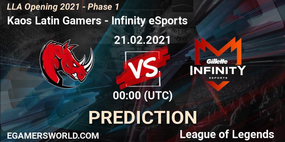 Kaos Latin Gamers - Infinity eSports: ennuste. 21.02.2021 at 00:00, LoL, LLA Opening 2021 - Phase 1
