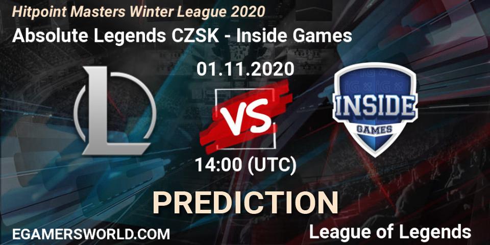 Absolute Legends CZSK - Inside Games: ennuste. 01.11.2020 at 14:00, LoL, Hitpoint Masters Winter League 2020