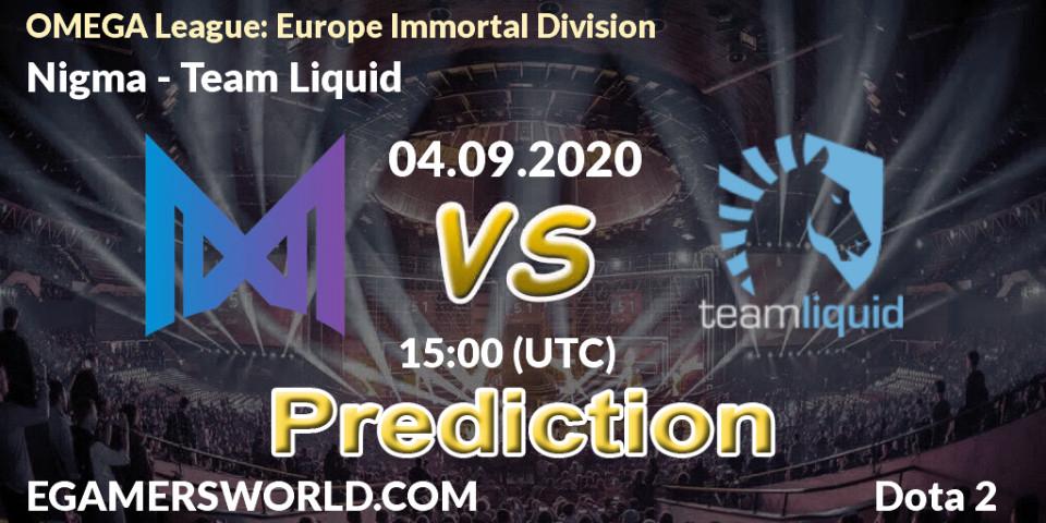 Nigma - Team Liquid: ennuste. 04.09.2020 at 15:01, Dota 2, OMEGA League: Europe Immortal Division