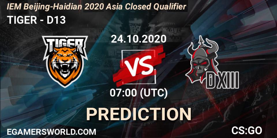 TIGER - D13: ennuste. 24.10.2020 at 07:00, Counter-Strike (CS2), IEM Beijing-Haidian 2020 Asia Closed Qualifier