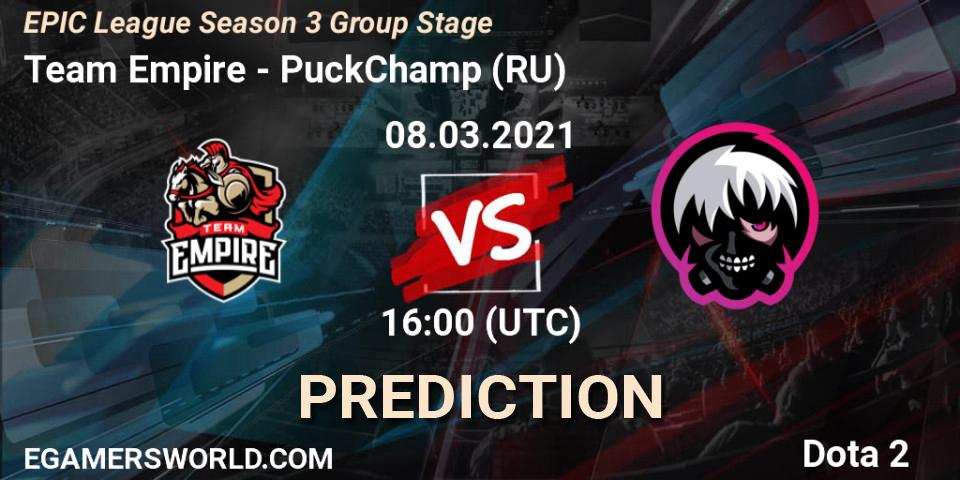 Team Empire - PuckChamp (RU): ennuste. 08.03.2021 at 17:35, Dota 2, EPIC League Season 3 Group Stage