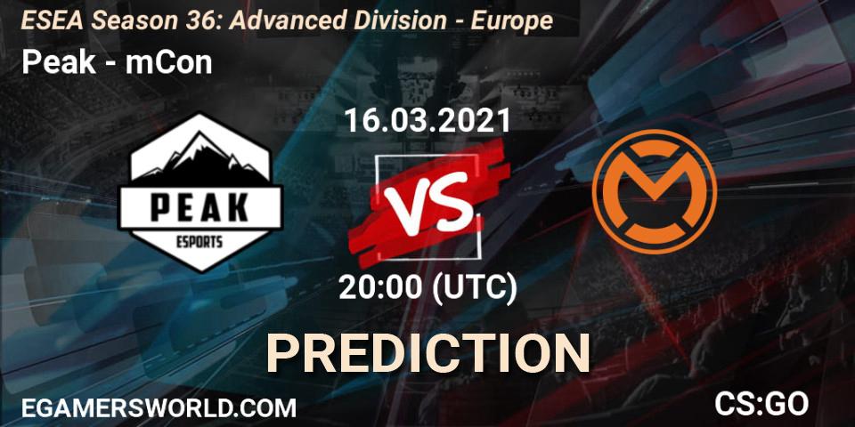 Peak - mCon: ennuste. 16.03.2021 at 20:00, Counter-Strike (CS2), ESEA Season 36: Europe - Advanced Division