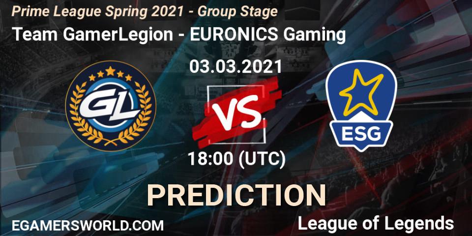 Team GamerLegion - EURONICS Gaming: ennuste. 03.03.2021 at 18:00, LoL, Prime League Spring 2021 - Group Stage