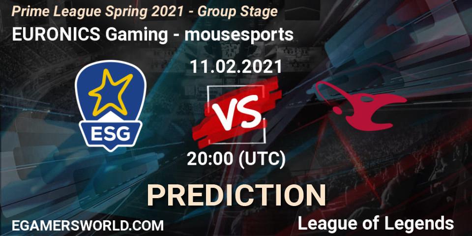 EURONICS Gaming - mousesports: ennuste. 11.02.2021 at 20:00, LoL, Prime League Spring 2021 - Group Stage