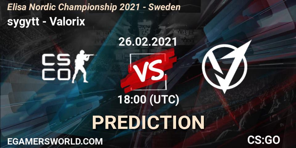 sygytt - Valorix: ennuste. 26.02.2021 at 18:00, Counter-Strike (CS2), Elisa Nordic Championship 2021 - Sweden