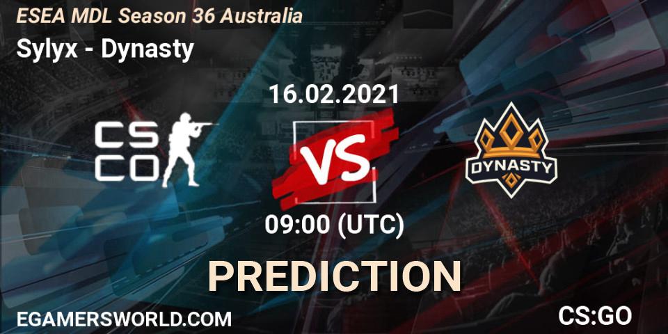 Sylyx - Dynasty: ennuste. 16.02.2021 at 09:00, Counter-Strike (CS2), MDL ESEA Season 36: Australia - Premier Division