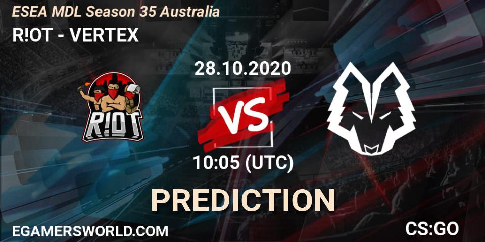 R!OT - VERTEX: ennuste. 28.10.2020 at 10:05, Counter-Strike (CS2), ESEA MDL Season 35 Australia