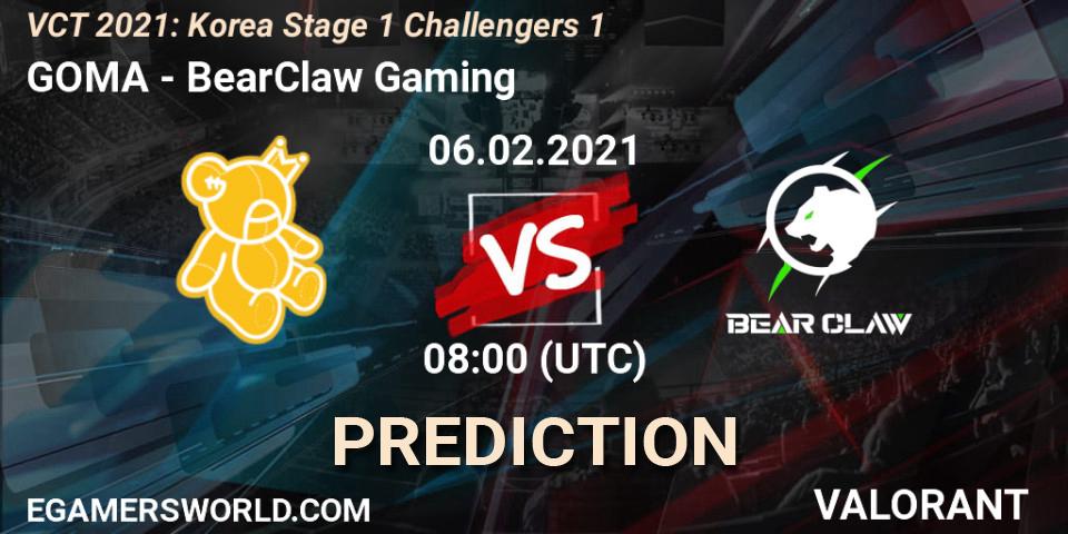 GOMA - BearClaw Gaming: ennuste. 06.02.2021 at 12:00, VALORANT, VCT 2021: Korea Stage 1 Challengers 1