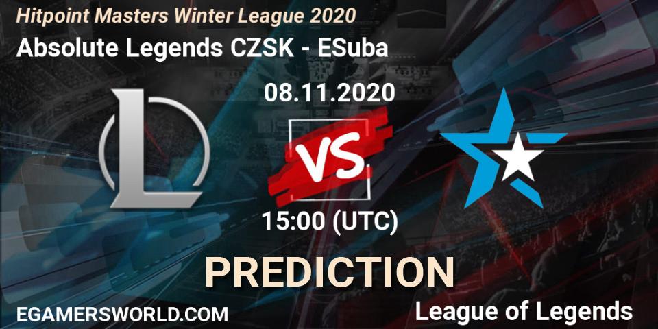 Absolute Legends CZSK - ESuba: ennuste. 08.11.2020 at 14:45, LoL, Hitpoint Masters Winter League 2020