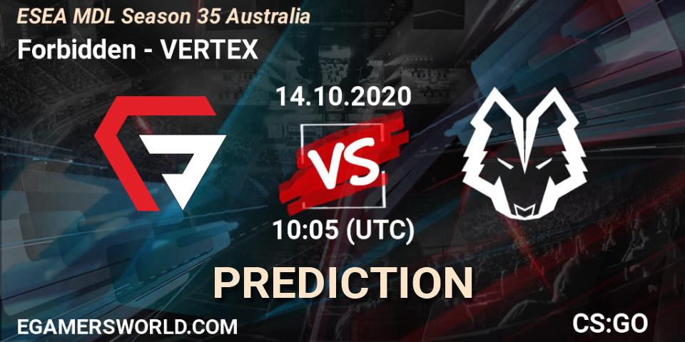 Forbidden - VERTEX: ennuste. 14.10.2020 at 10:05, Counter-Strike (CS2), ESEA MDL Season 35 Australia
