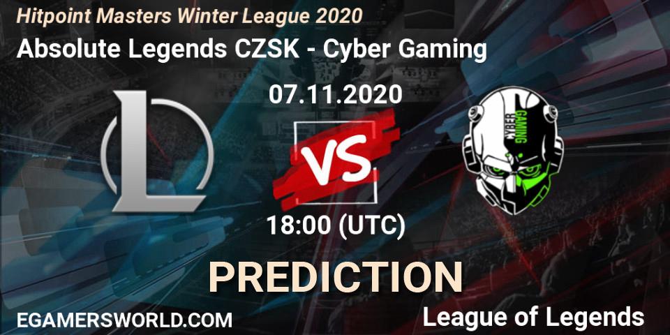 Absolute Legends CZSK - Cyber Gaming: ennuste. 07.11.2020 at 18:00, LoL, Hitpoint Masters Winter League 2020