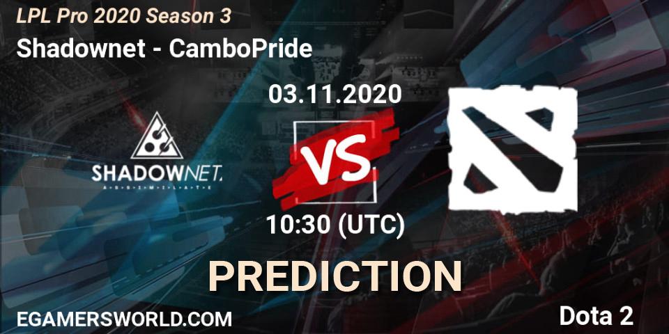 Shadownet - CamboPride: ennuste. 03.11.2020 at 10:30, Dota 2, LPL Pro 2020 Season 3