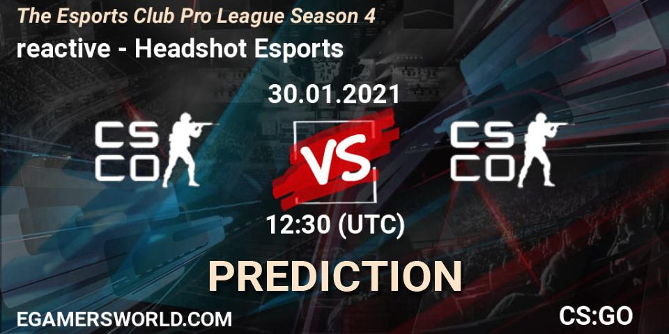 reactive - Headshot Esports: ennuste. 30.01.2021 at 12:30, Counter-Strike (CS2), The Esports Club Pro League Season 4