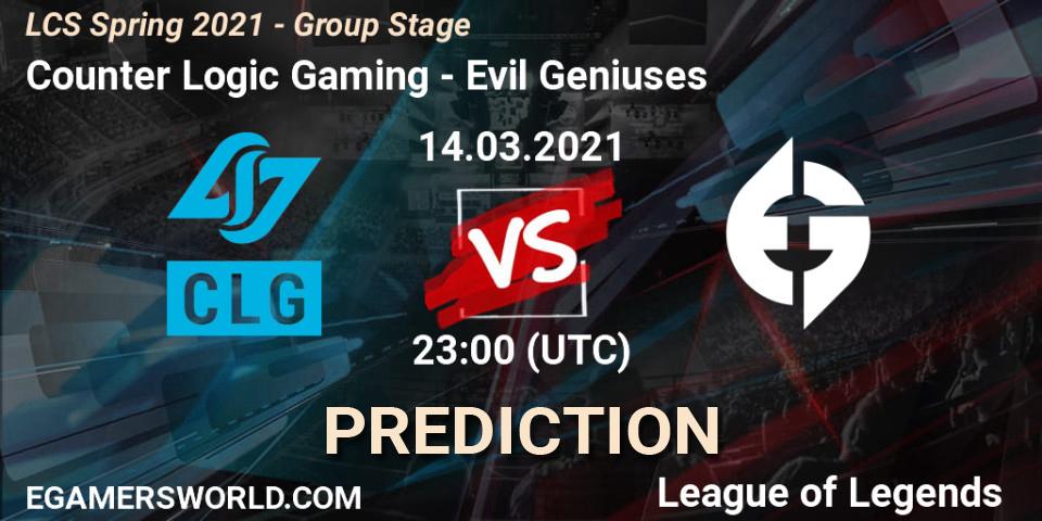 Counter Logic Gaming - Evil Geniuses: ennuste. 14.03.2021 at 23:00, LoL, LCS Spring 2021 - Group Stage