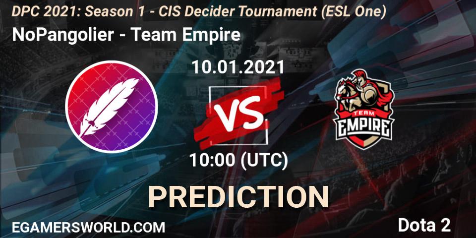 NoPangolier - Team Empire: ennuste. 10.01.2021 at 10:00, Dota 2, DPC 2021: Season 1 - CIS Decider Tournament (ESL One)