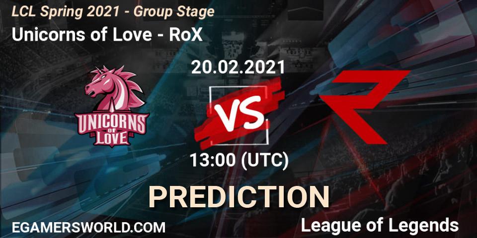 Unicorns of Love - RoX: ennuste. 20.02.2021 at 13:00, LoL, LCL Spring 2021 - Group Stage