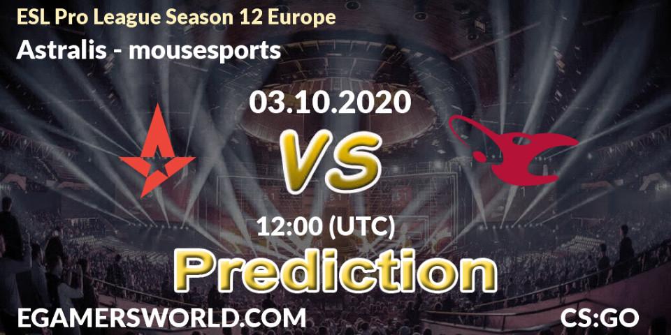 Astralis - mousesports: ennuste. 03.10.2020 at 12:00, Counter-Strike (CS2), ESL Pro League Season 12 Europe