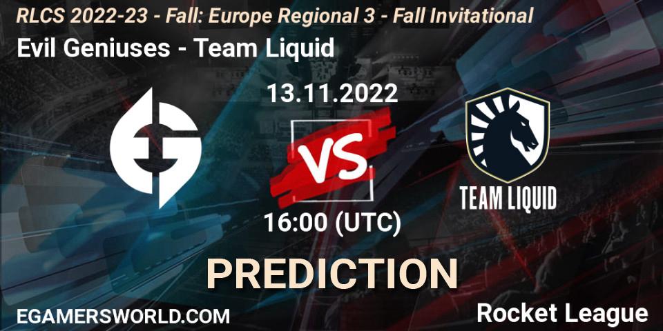 Evil Geniuses - Team Liquid: ennuste. 13.11.22, Rocket League, RLCS 2022-23 - Fall: Europe Regional 3 - Fall Invitational