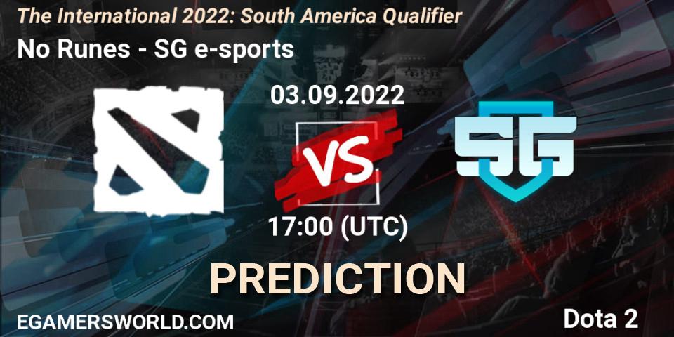 No Runes - SG e-sports: ennuste. 03.09.2022 at 15:45, Dota 2, The International 2022: South America Qualifier