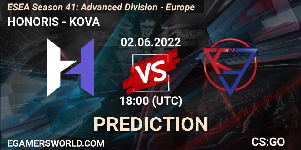 HONORIS - KOVA: ennuste. 02.06.2022 at 18:00, Counter-Strike (CS2), ESEA Season 41: Advanced Division - Europe