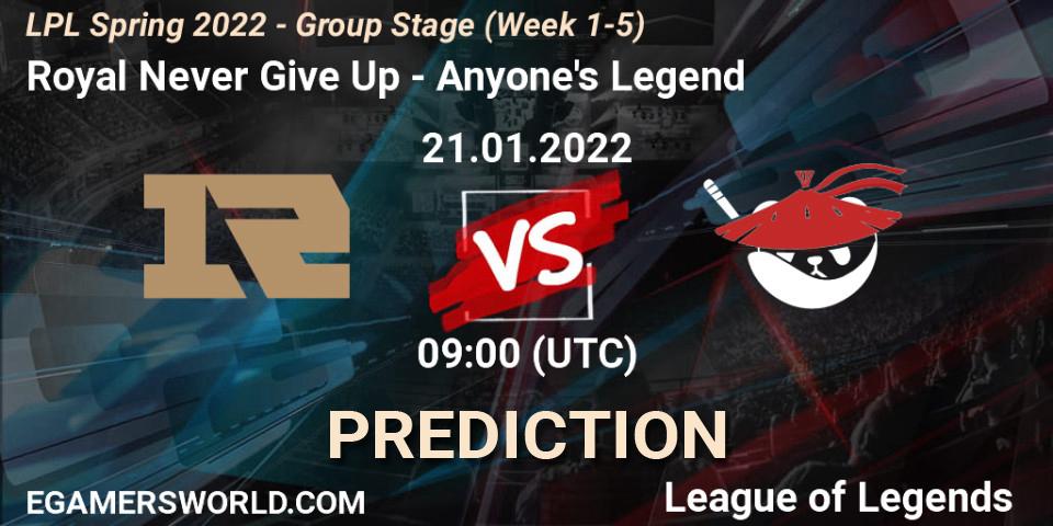 Royal Never Give Up - Anyone's Legend: ennuste. 21.01.2022 at 09:45, LoL, LPL Spring 2022 - Group Stage (Week 1-5)
