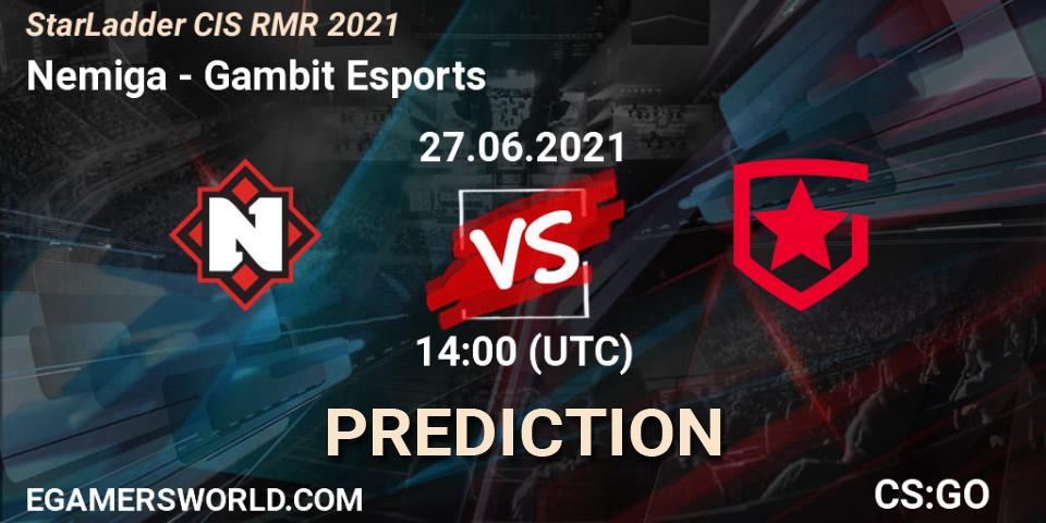 Nemiga - Gambit Esports: ennuste. 27.06.2021 at 14:00, Counter-Strike (CS2), StarLadder CIS RMR 2021