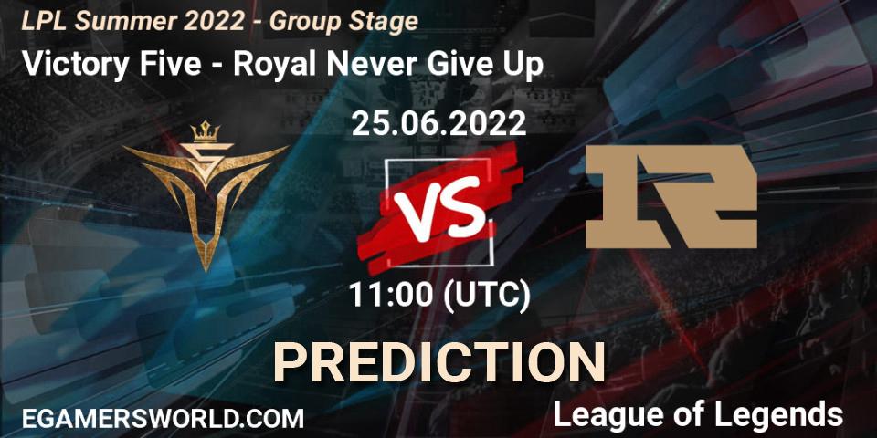 Victory Five - Royal Never Give Up: ennuste. 25.06.2022 at 13:00, LoL, LPL Summer 2022 - Group Stage