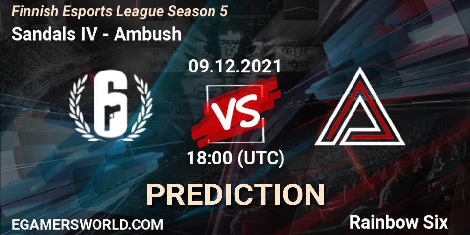Sandals IV - Ambush: ennuste. 09.12.2021 at 18:00, Rainbow Six, Finnish Esports League Season 5
