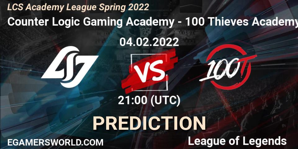 Counter Logic Gaming Academy - 100 Thieves Academy: ennuste. 04.02.2022 at 21:00, LoL, LCS Academy League Spring 2022