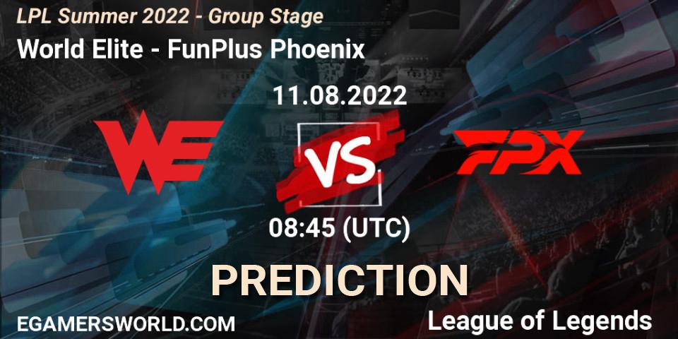 World Elite - FunPlus Phoenix: ennuste. 11.08.2022 at 09:00, LoL, LPL Summer 2022 - Group Stage