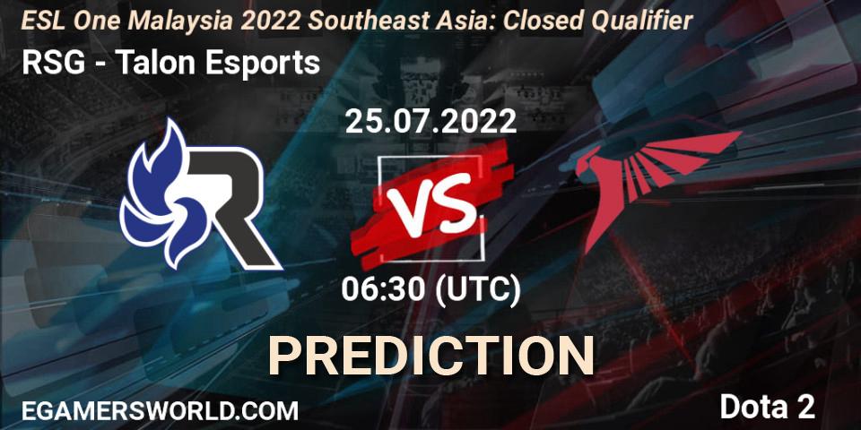 RSG - Talon Esports: ennuste. 25.07.2022 at 07:06, Dota 2, ESL One Malaysia 2022 Southeast Asia: Closed Qualifier