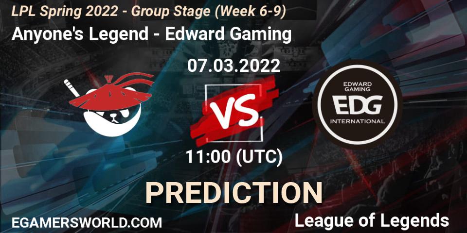 Anyone's Legend - Edward Gaming: ennuste. 07.03.2022 at 11:50, LoL, LPL Spring 2022 - Group Stage (Week 6-9)