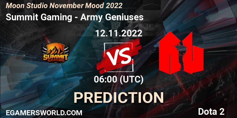 Summit Gaming - Army Geniuses: ennuste. 12.11.2022 at 06:05, Dota 2, Moon Studio November Mood 2022