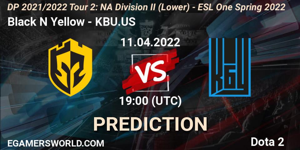 Black N Yellow - KBU.US: ennuste. 11.04.2022 at 19:44, Dota 2, DP 2021/2022 Tour 2: NA Division II (Lower) - ESL One Spring 2022