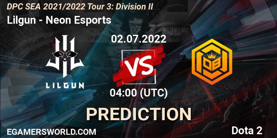 Lilgun - Neon Esports: ennuste. 02.07.2022 at 04:02, Dota 2, DPC SEA 2021/2022 Tour 3: Division II