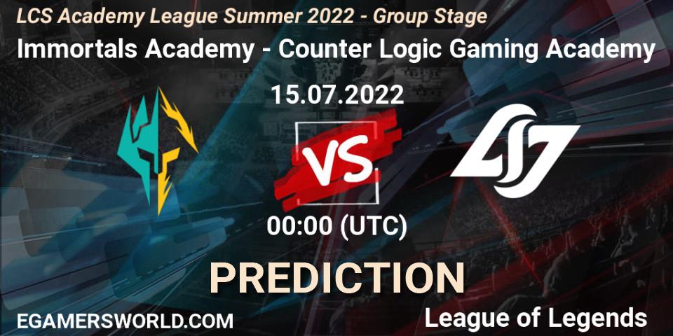 Immortals Academy - Counter Logic Gaming Academy: ennuste. 15.07.2022 at 00:00, LoL, LCS Academy League Summer 2022 - Group Stage