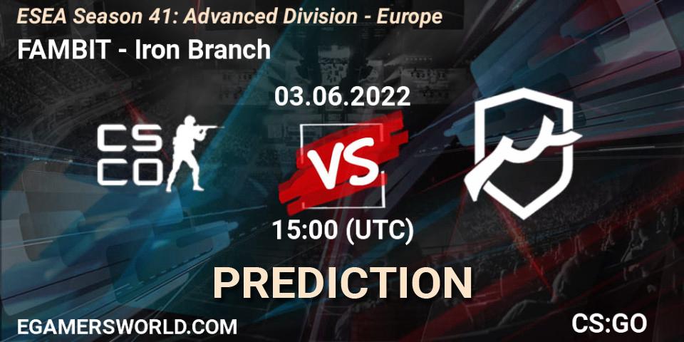 FAMBIT - Iron Branch: ennuste. 03.06.2022 at 15:00, Counter-Strike (CS2), ESEA Season 41: Advanced Division - Europe