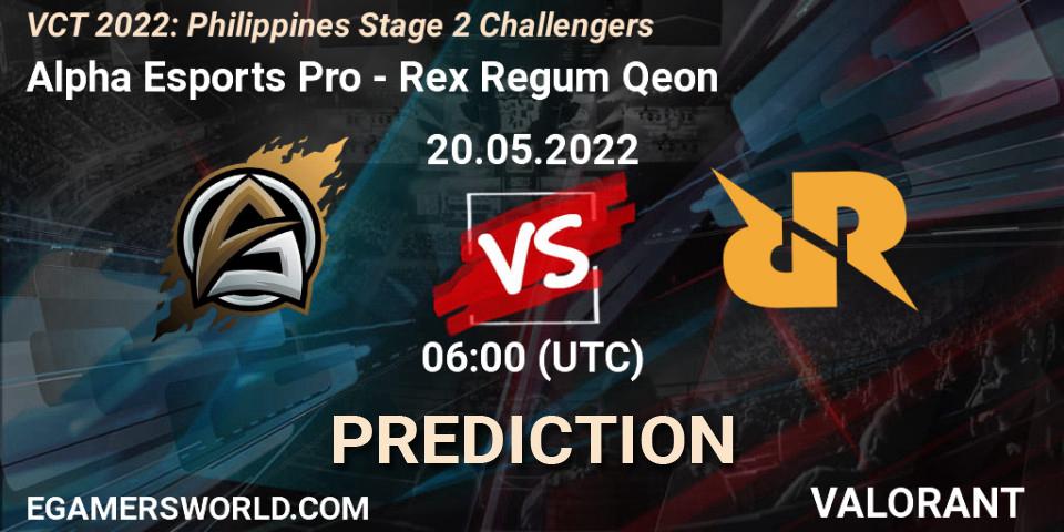 Alpha Esports Pro - Rex Regum Qeon: ennuste. 20.05.2022 at 06:00, VALORANT, VCT 2022: Philippines Stage 2 Challengers