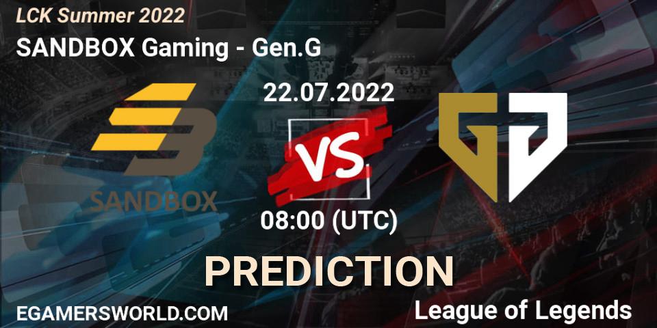 SANDBOX Gaming - Gen.G: ennuste. 22.07.2022 at 08:00, LoL, LCK Summer 2022