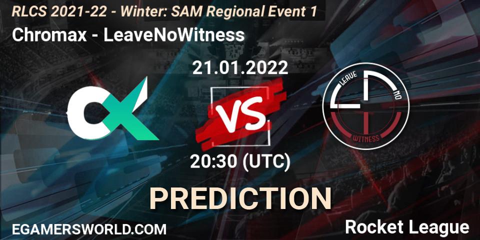 Chromax - LeaveNoWitness: ennuste. 21.01.2022 at 20:30, Rocket League, RLCS 2021-22 - Winter: SAM Regional Event 1