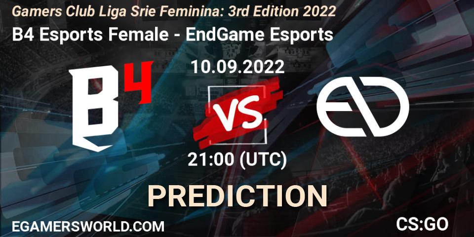 B4 Esports Female - EndGame Esports: ennuste. 10.09.2022 at 21:00, Counter-Strike (CS2), Gamers Club Liga Série Feminina: 3rd Edition 2022
